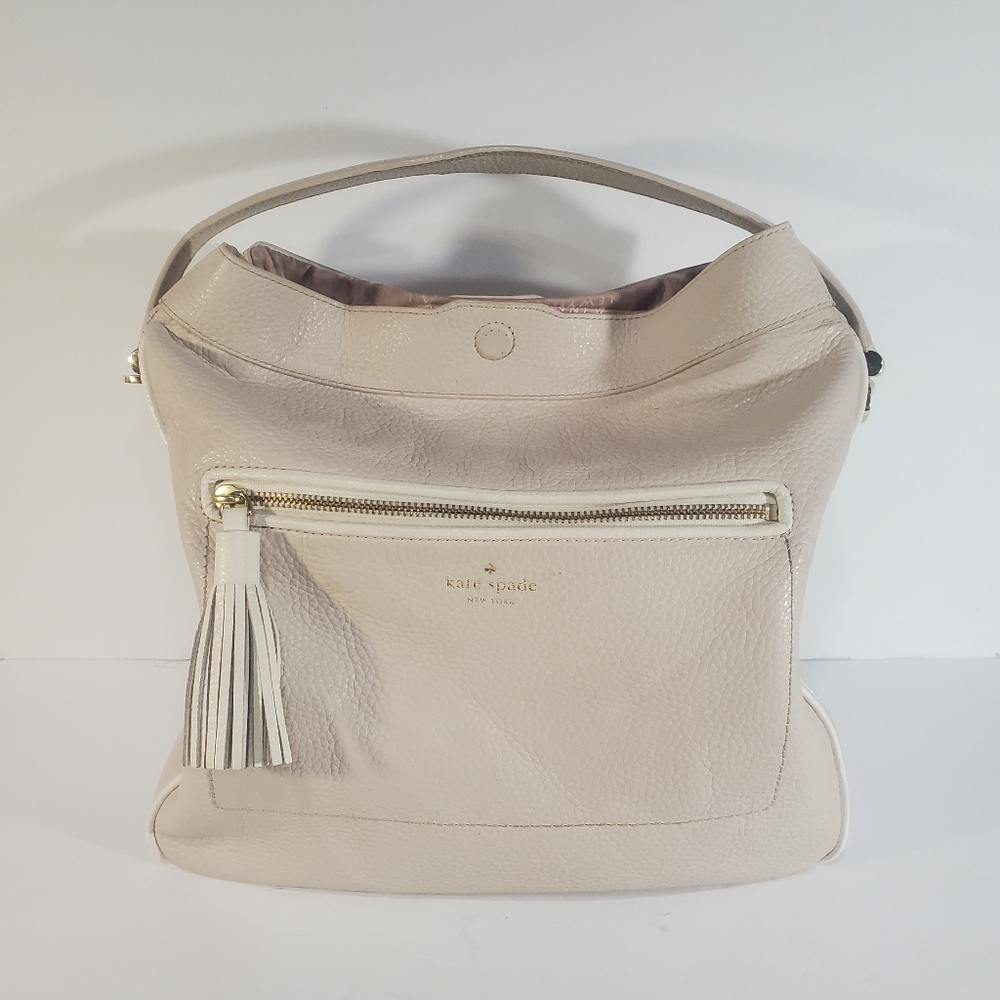 Kate Spade Beige White Piping Shoulder Purse Exterior Side Pocket